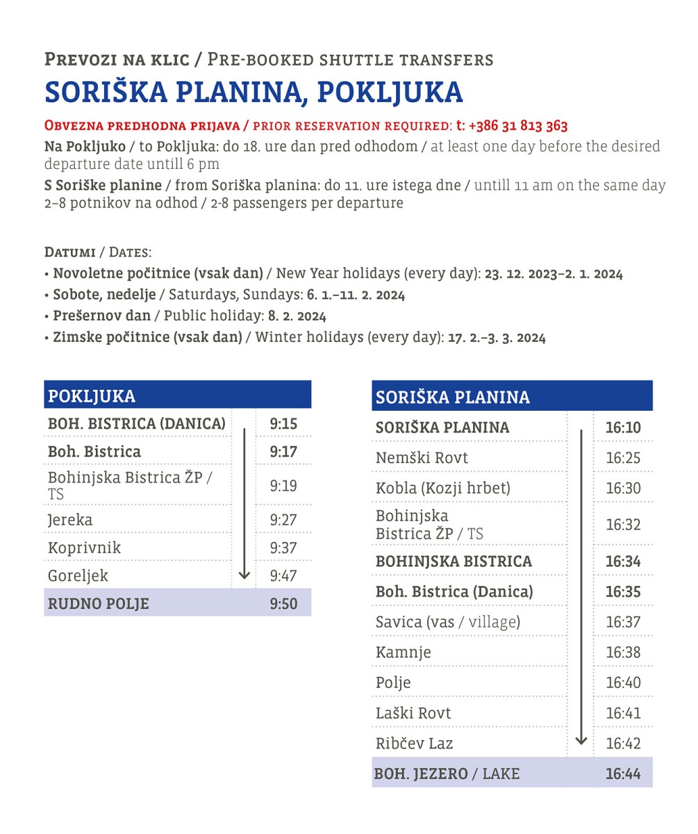 PRE-BOOKED Ski Bus shuttle transfers (Soriška Planina, Pokljuka)
